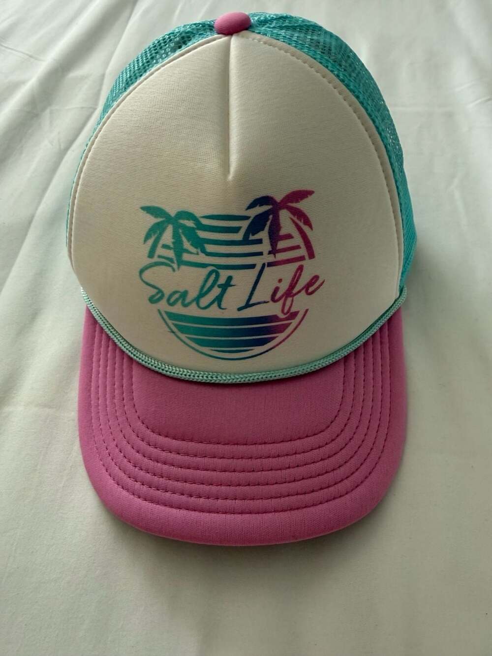 Salt Life Youth Palm Tree Sunset Trucker Hat Teal Pink